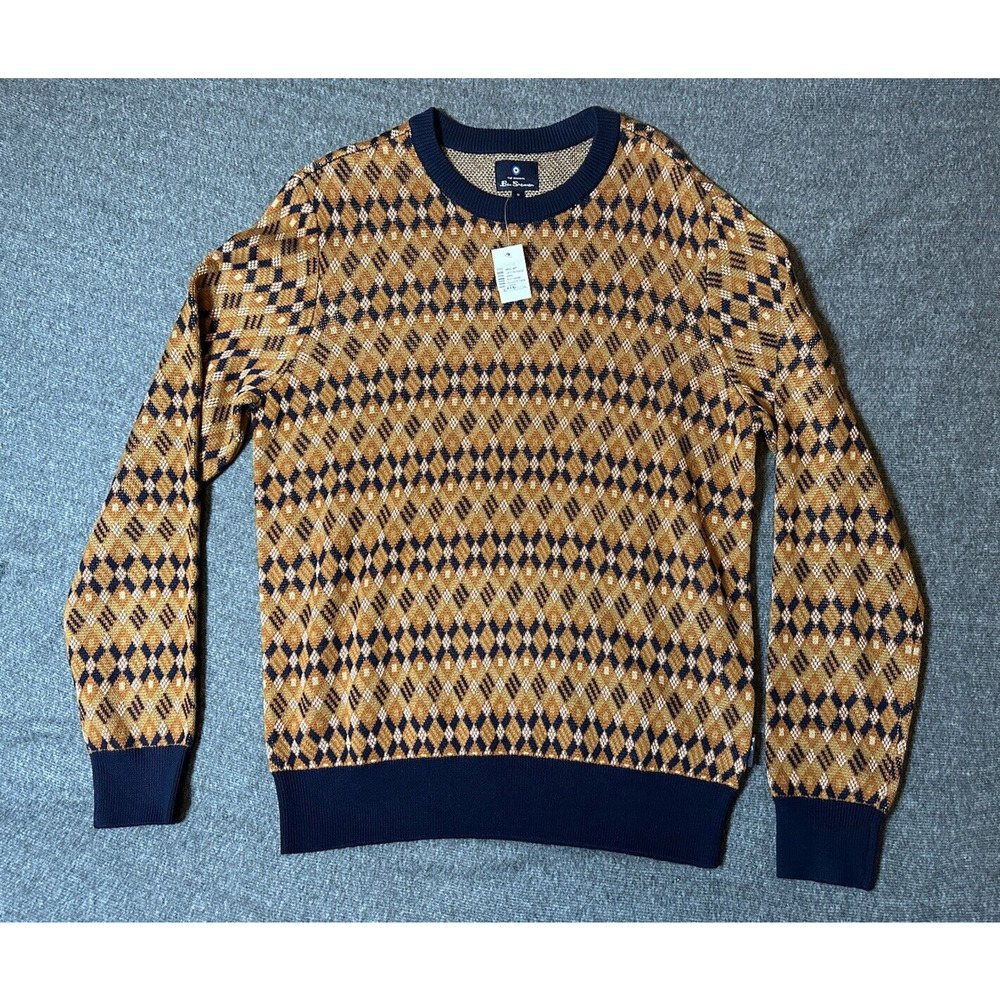 Ben Sherman Mens Medium Tan Blue Geometric Crew Neck Sweater Pullover NWT 80s